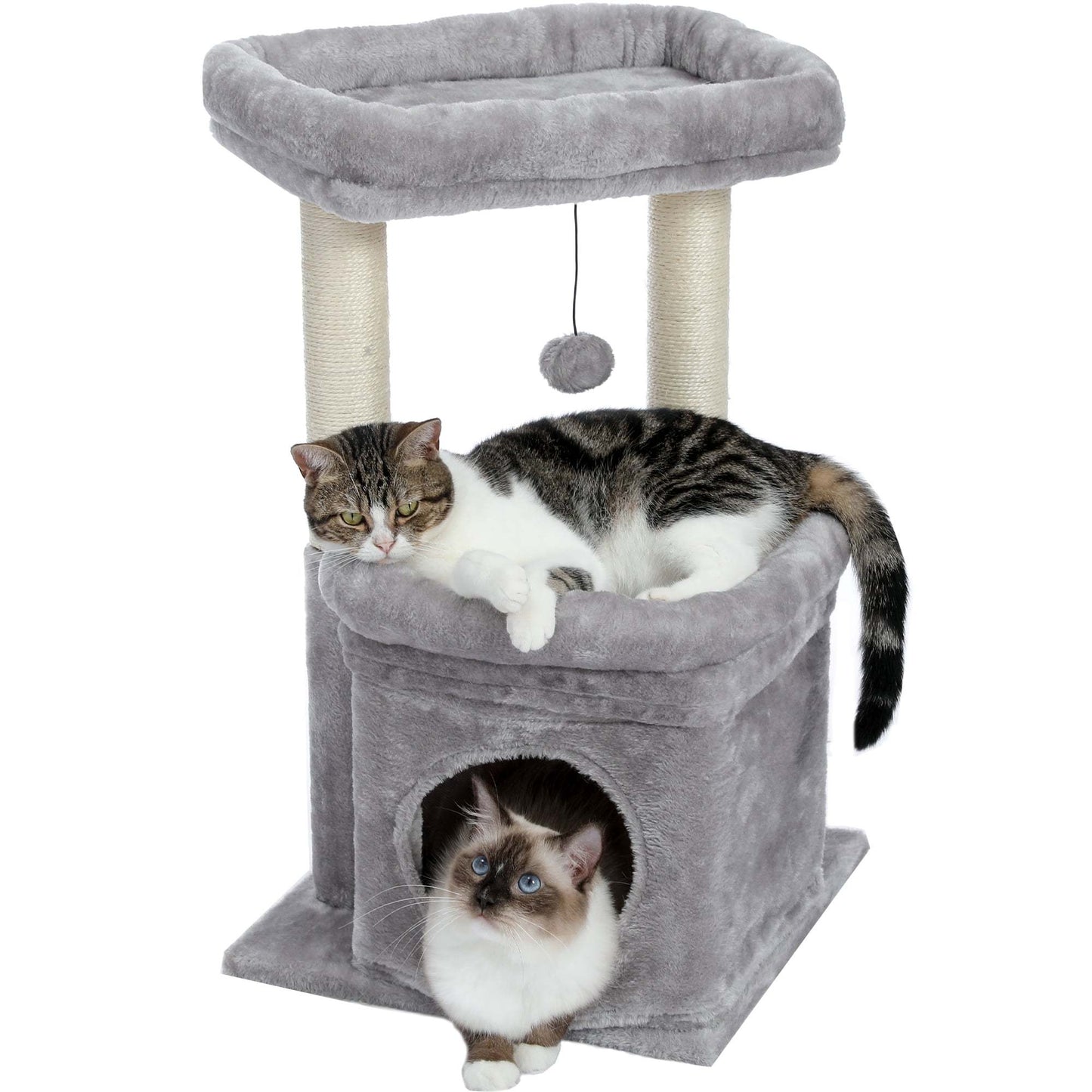 Small Cat Tree For Indoor Cats, Medium Cat Tower With Interactive Cat Toy, 32.7-inch Cat Condo With Self Groomer Brush, Natural Cat Scratching Post, Dangling Balls For Small & Medium Cats, Beige