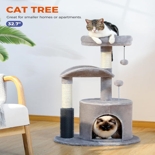 Small Cat Tree For Indoor Cats, Medium Cat Tower With Interactive Cat Toy, 32.7-inch Cat Condo With Self Groomer Brush, Natural Cat Scratching Post, Dangling Balls For Small & Medium Cats, Beige