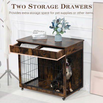 Dog Crate Furniture, Wooden Dog Crate End Table, 38.4 Inch Dog Kennel With 2 Drawers Storage, Heavy Duty Dog Crate, Decorative Pet Crate Dog Cage For Large Indoor Use