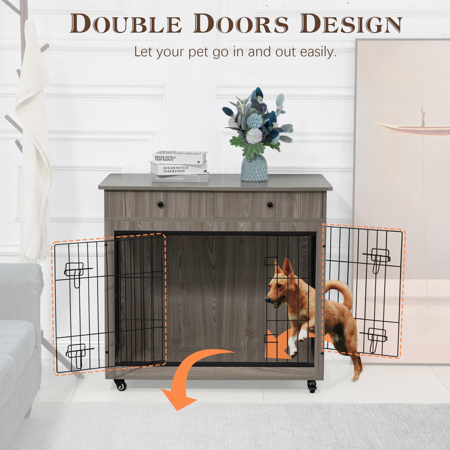 Dog Crate Furniture, Wooden Dog Crate End Table, 38.4 Inch Dog Kennel With 2 Drawers Storage, Heavy Duty Dog Crate, Decorative Pet Crate Dog Cage For Large Indoor Use