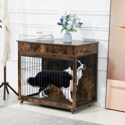 Dog Crate Furniture, Wooden Dog Crate End Table, 38.4 Inch Dog Kennel With 2 Drawers Storage, Heavy Duty Dog Crate, Decorative Pet Crate Dog Cage For Large Indoor Use